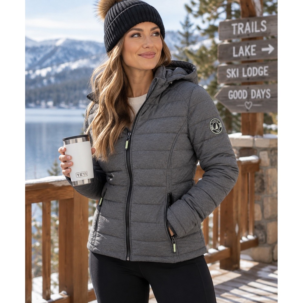 Nautica Women's Medium Gray Hooded Quilted Puffer Jacket Water Resistant Coat